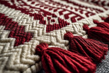 Detailed close-up of a handmade rug featuring intricate patterns and red tassels, showcasing craftsmanship and design