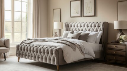 Obraz premium A contemporary luxury bedroom featuring a tufted bed, designer furniture, and soft neutral tones