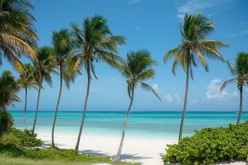 Palm trees on a tropical beach with blue water view