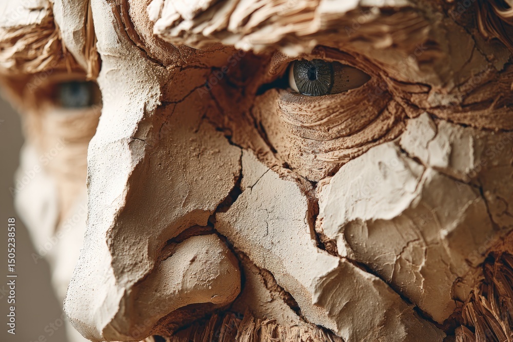 Poster detailed close-up view of a sculpture depicting an aged man's face with textured features and realis