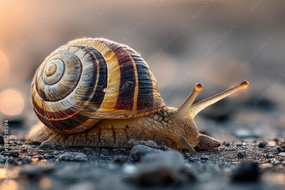 Poster close up of a colorful snail crawling on pebbles during sunset in a serene outdoor setting