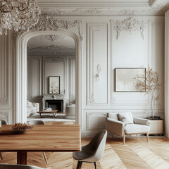 Elegant vintage-style interior with intricate moldings, soft neutrals, classic charm, and timeless decorative elements.
