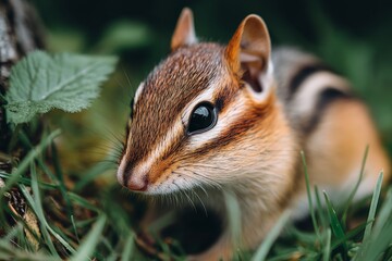 Obraz premium Close-up view of a chipmunk amidst green grass and foliage during a sunny afternoon in a tranquil garden setting