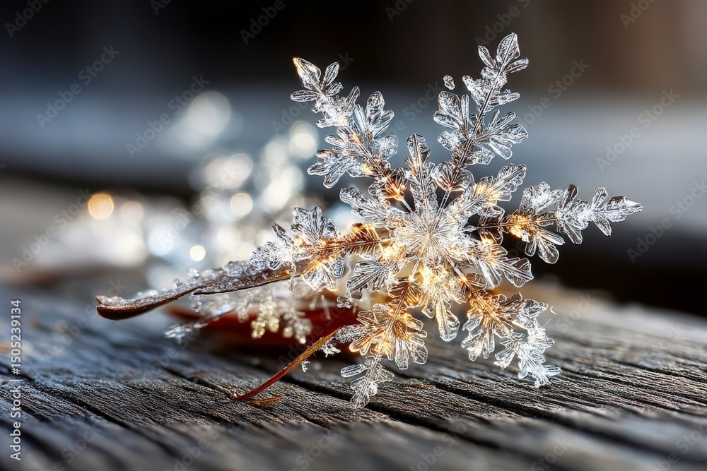 Poster intricate snowflake resting on weathered wood with warm light reflections during winter