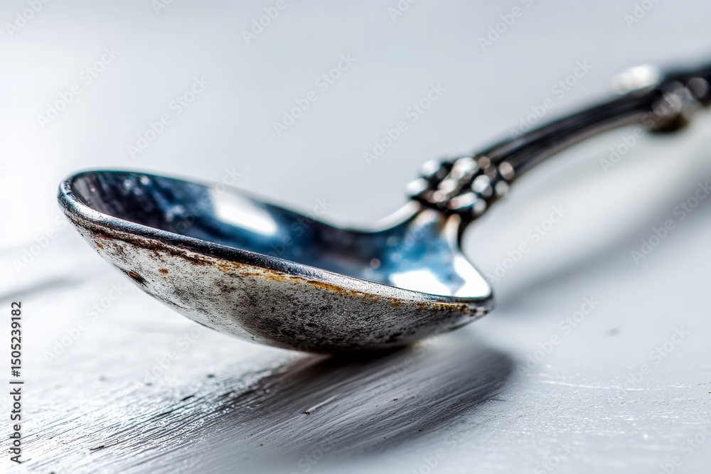 Poster close up of a vintage silver spoon resting on a textured surface with a rustic charm