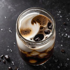 Chilled Cold Brew Coffee with Cream Pour and Ice in Clear Jar &ndash; High Contrast Minimal Setup