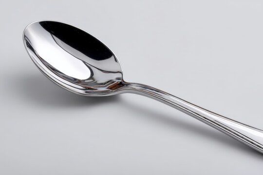 Stainless steel spoon resting on a flat surface, reflecting light in an indoor setting