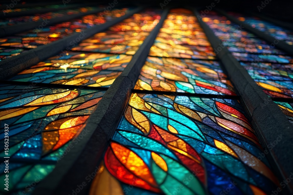 Poster Stained glass window creating a colorful display of light in a historic building