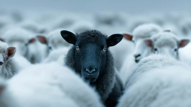 Among a flock of white sheep, a black sheep is conspicuous.
