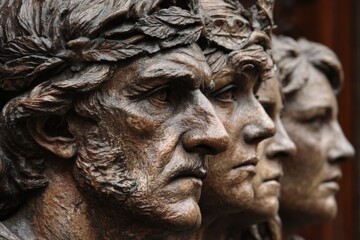 Obraz premium Historical figures depicted in detailed bronze relief sculpture in urban setting
