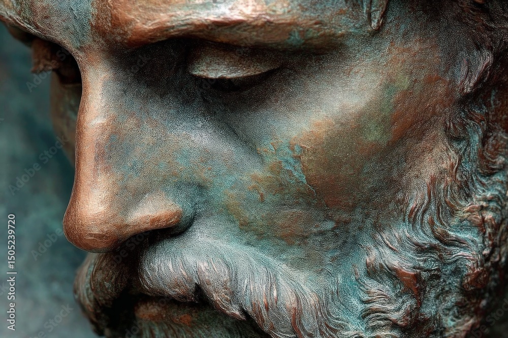 Poster detailed close-up of a bronze sculpture depicting an ancient philosopher with a contemplative expres