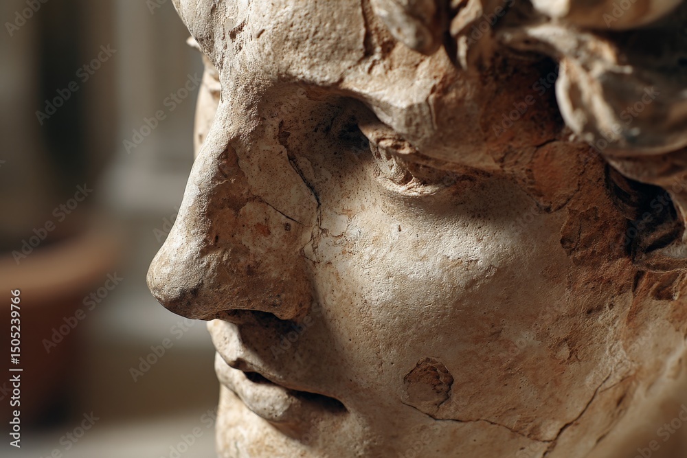 Poster detailed study of an aged sculpture's profile showcasing intricate features and the passage of time 