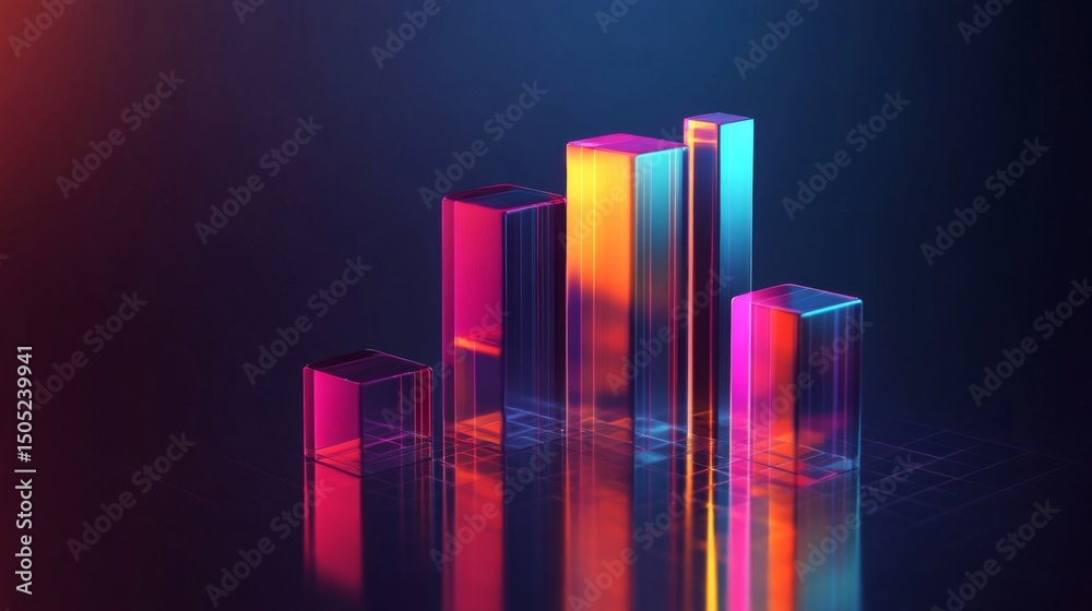 Poster A creative D bar graph with a glass-like texture, reflecting light beautifully on a dark gradient background