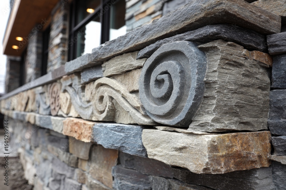 Poster decorative stonework on building facade showcasing intricate carvings in a modern architectural styl