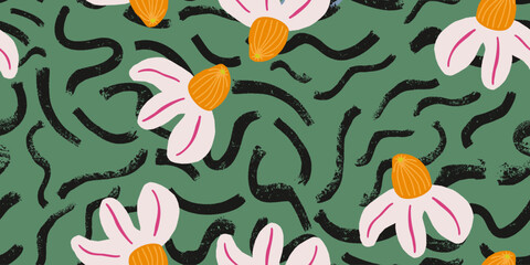 Floral Daisy Bloom on Green Seamless Pattern