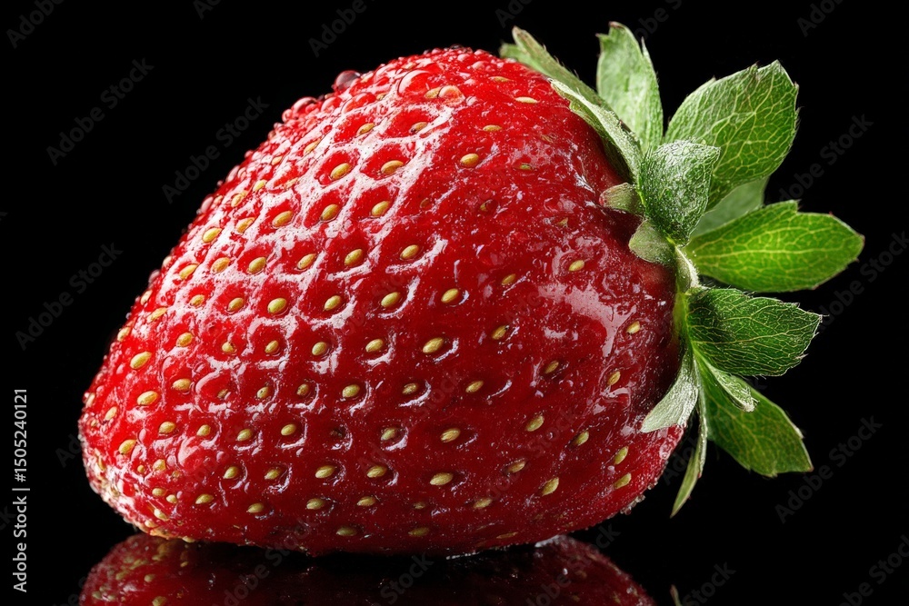 Poster fresh red strawberry with vibrant color and texture illuminated against a black background
