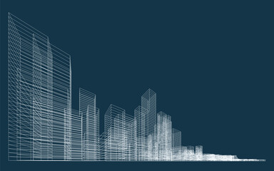 3D wireframe perspective of building. Abstract wireframe city background for template design. Vector illustration.