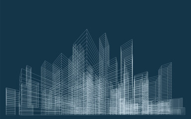 3D wireframe perspective of building. Abstract wireframe city background for template design. Vector illustration.