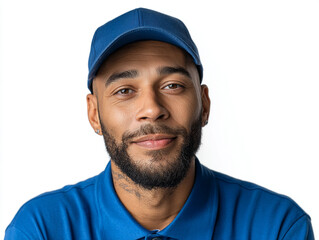 male delivery worker in branded uniform and cap, headshot, isolated