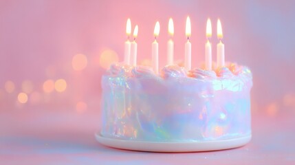 A beautiful pastel cake adorned with lit candles against a soft background.