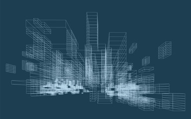 Abstract geometric wireframe in linear style. Matrix cubes pattern background for architectural template design. Schematic design idea of box and space. Vector illustration.
