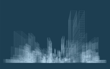 3D wireframe perspective of building. Abstract wireframe city background for template design. Vector illustration.