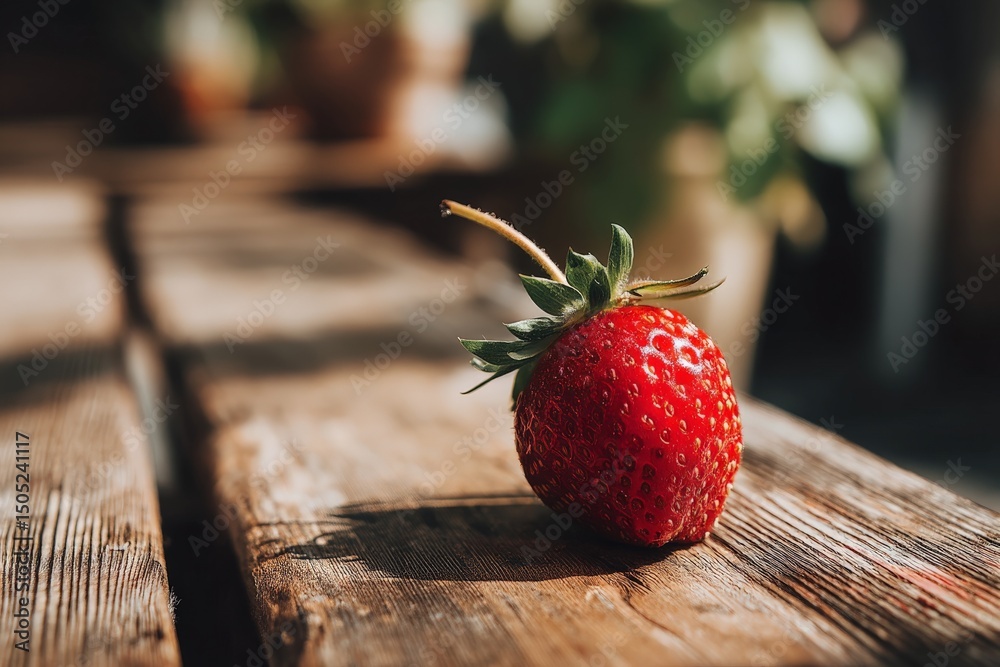 Poster fresh strawberry resting on a wooden table surrounded by greenery in a sunlit setting
