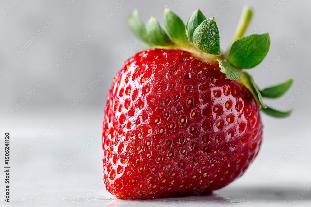Poster fresh red strawberry resting on a light surface with vibrant green leaves in a well-lit setting duri