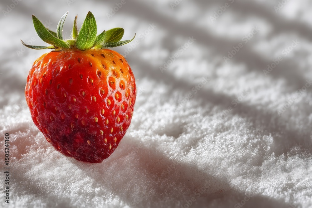 Poster bright red strawberry resting on fine white sugar with shadows casting over it