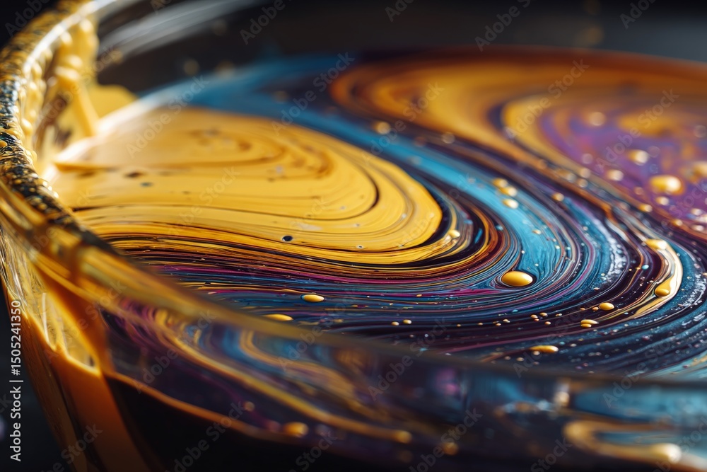 Poster Colorful swirling patterns of paint in a glass container create vibrant abstract art at a creative workshop