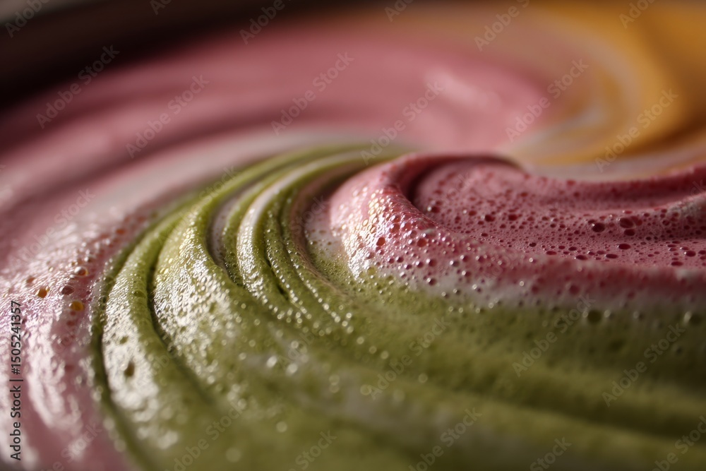 Poster swirling layers of colorful matcha and berry foam in a handcrafted beverage preparation process