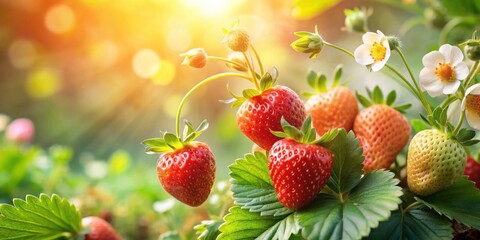Vibrant colorful strawberries ripening on a soft peach pastel background amidst lush green leaves and flowers, creating a warm inviting atmosphere, vibrant colors, sweet