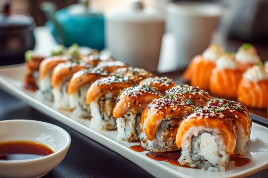 Freshly prepared sushi rolls served on a white plate with soy sauce in a modern restaurant setting during lunchtime
