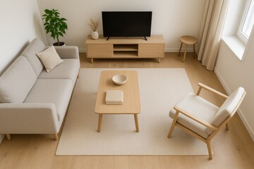 Scandinavian Minimalist Living Room – Top View Interior Design