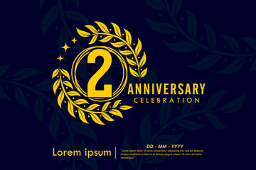 2nd years anniversary celebration emblem. congratulations anniversary yellow logo with laurel wreath and stars on dark background. vector illustration template design for web