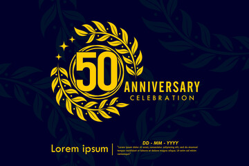 50th years anniversary celebration emblem. congratulations anniversary yellow logo with laurel wreath and stars on dark background. vector illustration template design for web