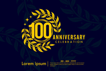 100th years anniversary celebration emblem. congratulations anniversary yellow logo with laurel wreath and stars on dark background. vector illustration template design for web