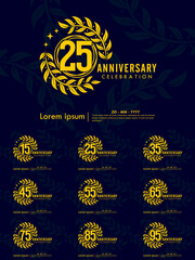 Set of 15-95th years anniversary celebration emblem. congratulations anniversary yellow logo with laurel wreath and stars on dark background. vector illustration template design for web