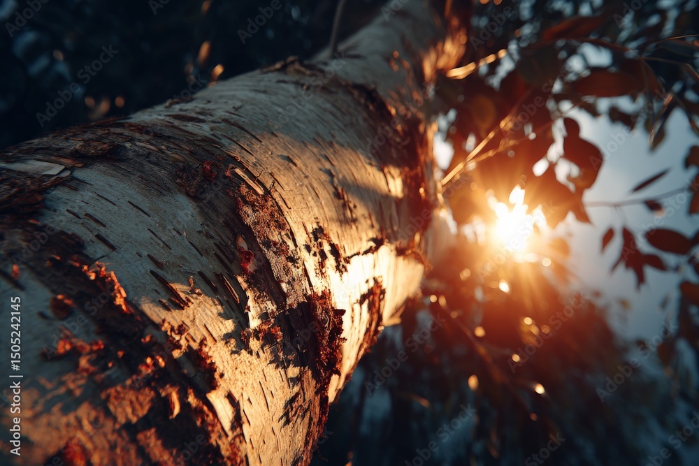 Poster Sunlight filtering through leaves on a tree trunk in a tranquil forest during golden hour