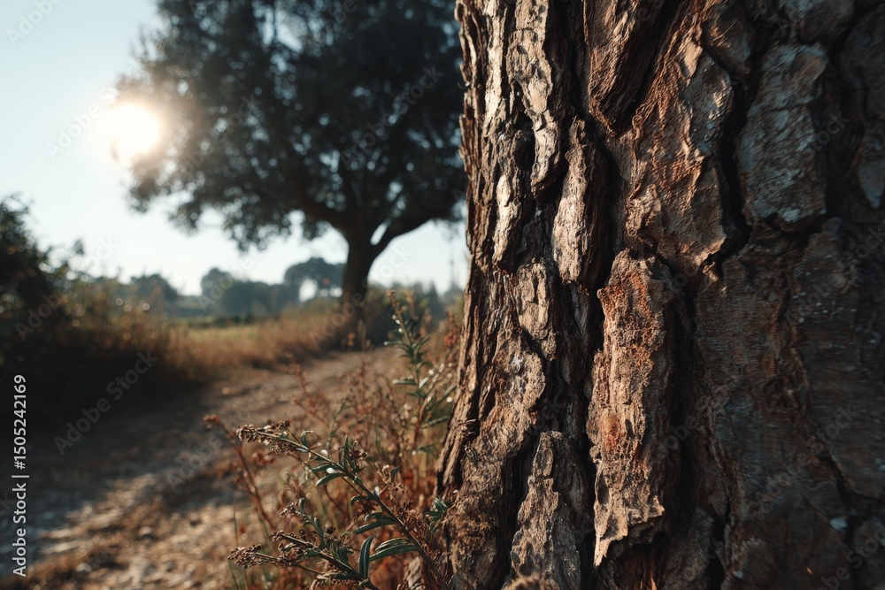 Poster sunlight illuminating a textured tree trunk in a serene landscape during early morning hours