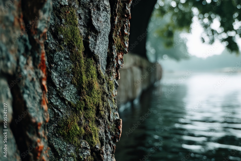 Poster moss-covered tree bark by a tranquil body of water on a foggy day in a serene natural setting