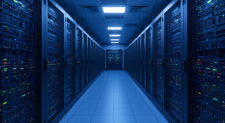 Rows of Dark Server Racks Illuminated by Colorful Lights