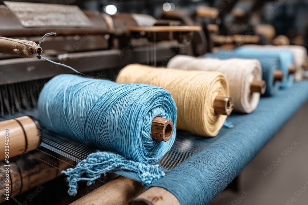 Poster colorful spools of thread lined up in a weaving workshop during daylight showcasing textile craftsma