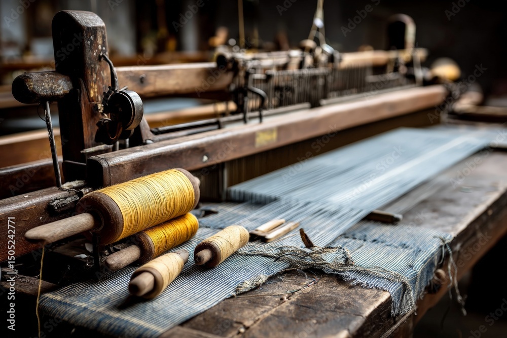 Aufkleber Weaving process captured in an old textile workshop with a loom and vibrant threads