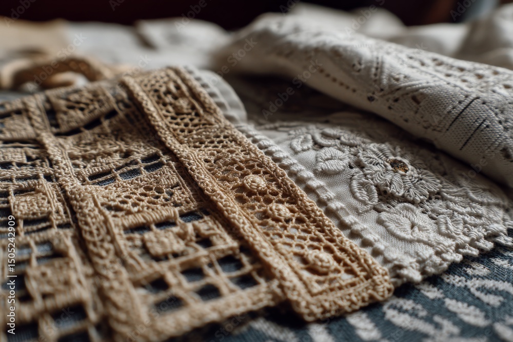 Aufkleber intricate handmade lacework displayed on textured fabric in a warm, cozy setting