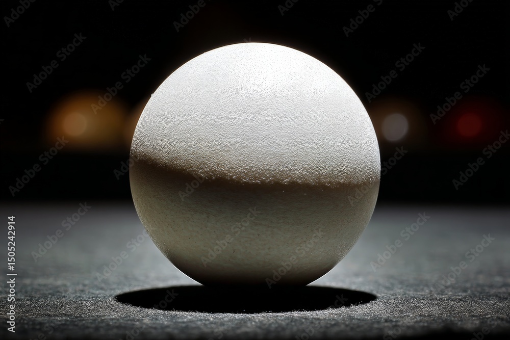 Poster close-up of a smooth, round white sphere illuminated against a dark background
