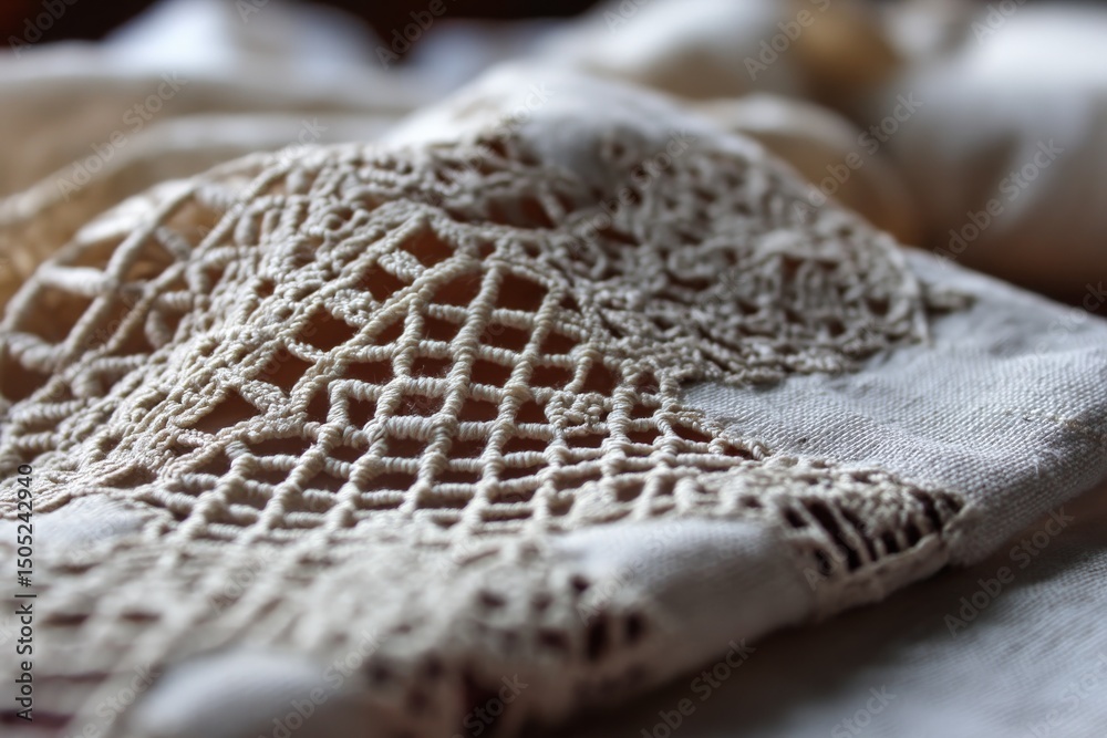 Poster delicate lace fabric draping over soft textile in a well-lit indoor setting, showcasing intricate cr
