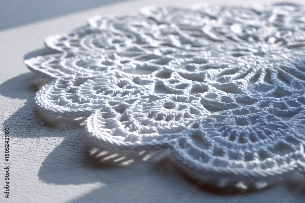 Poster detailed close-up of a handmade white crochet doily on a soft surface showcasing intricate patterns 