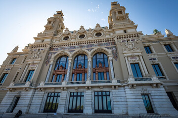 Detailed front facade of the Salle Garnier, the historic opera house inside the Monte Carlo Casino...