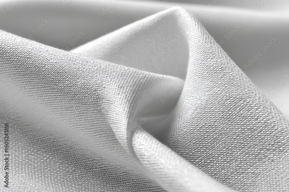 Poster close-up view of a smooth, white fabric with intricate texture folds on a light background during th